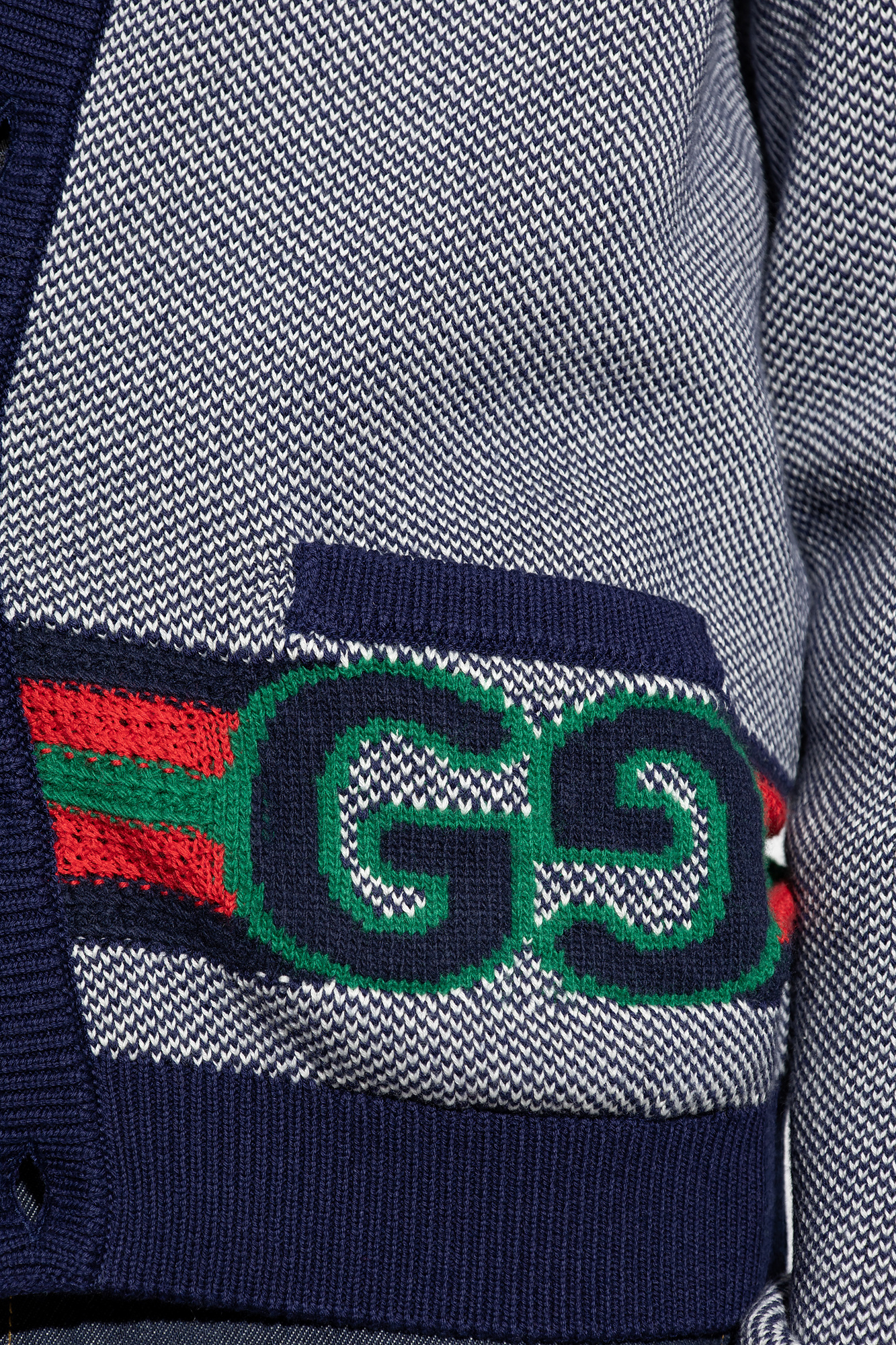 GUCCI 刺繍入りカーディガン ネイビー/レッド GUCCI グッチ カーディガン パーフォレーテッドGG コットン